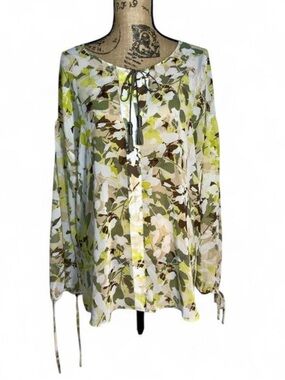 Lane Bryant Floral Tie-Neck Sheer Blouse 14/16 Green/White Boho